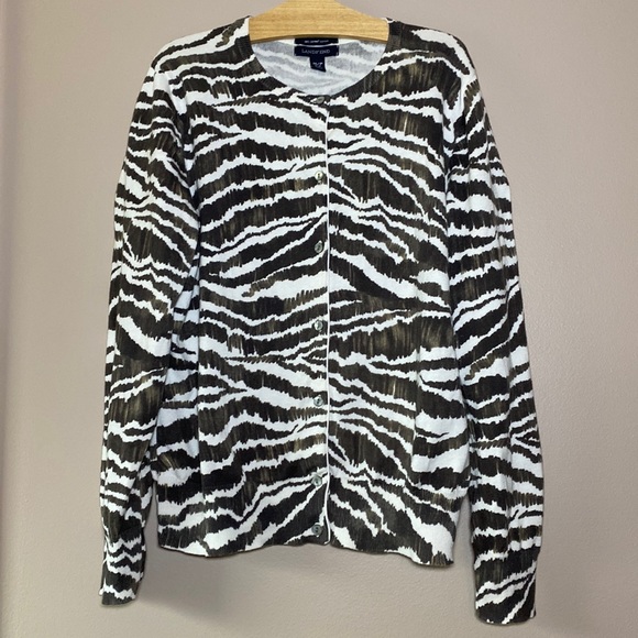 Lands End Supima Cotton Zebra Print Cardigan Sweater Women’s Petite Medium - Picture 2 of 16